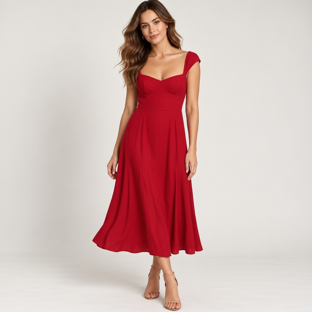 Reformation Midi Dress Women 8 Red Cap Sleeve Sweetheart A-Line Smocked Back